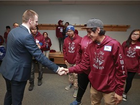 The Sedin Family Foundation sponsored 15 First Nations youth from Port Hardy (as well as their chaperones) to attend the annual Gathering Our Voices Indigenous Youth Leadership conference, held in Richmond in March 2018. To kick off the week, the Sedins hosted the youth and their chaperones at the March 17th Vancouver Canucks' game against the San Jose Sharks. Mandatory credit: Jeff Vinnick / Sedin Family Foundation. [PNG Merlin Archive]