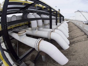 Pipes are seen at the Kinder Morgan Trans Mountain facility in Edmonton.