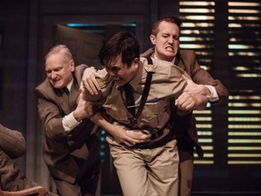 Scott Bellis, John Ng and Toby Hughes (left to right) in the 2017 production of Nine Dragons. The detective story comes to the Gateway Theatre from April 12 to 21.