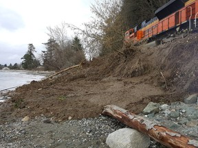 Soil from recent landslides in south Surrey is making its way from BNSF railway tracks onto the adjacent beach, to the detriment of marine life.