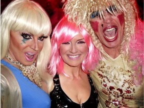 Drag entertainer Carlotta Gurl and rock drummer Patrick Steward flanked Sweat Co gym owner Maureen Wilson when her lip-sync contest benefitted Out In Schools' anti-homophobia-transphobia-bullying programs.