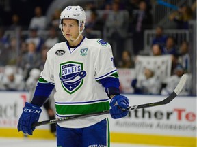 Vancouver Canucks prospect Nikolay Goldobin (#77) in action for the Utica Comets as they take on the Toronto Marlies in the first round of the AHL playoffs.