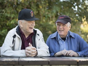 Canadian poetry icons George Bowering (left) and George Stanley have combined efforts on a "tumble book" entitled Some End/West Broadway.