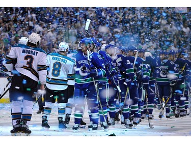 MAY 24:  Captain Henrik Sedin #33 of the Vancouver Canucks leads his team for the post game handshake with the San Jose Sharks after winning Game Five of the Western Conference Finals 3-2 in the second overtime during the 2011 Stanley Cup Playoffs at Rogers Arena.