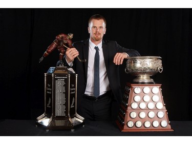 LAS VEGAS, NV - JUNE 22:  Daniel Sedin of the Vancouver Canucks poses after winning the Art Ross Trophy and the Ted Lindsay Award during the 2011 NHL Awards at The Pearl concert theater at the Palms Casino Resort June 22, 2011 in Las Vegas, Nevada.