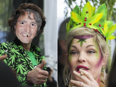 Revellers, one wearing a mask of Prime Minister Justin Trudeau, at the annual 4/20 protest in Vancouver.