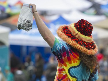 A man sells hash brownies at Sunset Beach during the annual 4/20 protest in Vancouver.