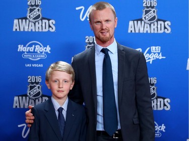 LAS VEGAS, NV - JUNE 22:  Henrik Sedin of the Vancouver Canucks and son Zalter attend the 2016 NHL Awards at the Hard Rock Hotel.