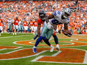 Cowboys release star WR Dez Bryant after 8 seasons.  Bryant #88 of the Dallas Cowboys has a 3 yard touchdown reception in the second quarter of a game against the Denver Broncos at Sports Authority Field at Mile High on September 17, 2017 in Denver, Colorado.