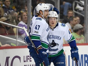 Brock Boeser found his confidence early in his rookie season with the Vancouver Canucks and scored a number of beautiful goals. He celebrates with Vancouver Canucks' teammate Sven Baertschi after scoring a goal against the Pittsburgh Penguins on Nov. 22 in Pittsburgh.