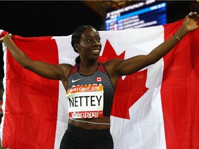 Christabel Nettey of Canada celebrates winning gold in the Women's Long Jump final during athletics on day eight of the Gold Coast 2018 Commonwealth Games at Carrara Stadium on April 12, 2018 on the Gold Coast, Australia.
