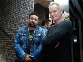 (FILES) In this file photo taken on March 26, 2018, British musician and singer Gordon Sumner aka Sting (R) and Jamaican musician and singer Orville Richard Burrell aka Shaggy (L) pose in Paris. Sting and Shaggy will release their album '44/876'.