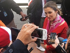 Minister of Foreign Affairs, Chrystia Freeland, speaks with media in Washington, D.C. on Thursday, April 19, 2018. New automotive rules will be the centrepiece of a new NAFTA agreement, Foreign Affairs Minister Chrystia Freeland said during a negotiating round Thursday that remained focused on cars.THE CANADIAN PRESS/Alex Panetta