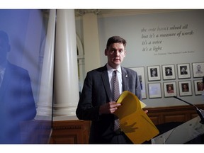 Attorney General David Eby arrives to speak to media following the public engagement launch for next year's provincial referendum on electoral reform during a press conference at Legislature in Victoria, B.C., on Thursday, November 23, 2017.