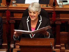 Finance Minister Carole James delivers the budget speech from the legislative assembly in February.