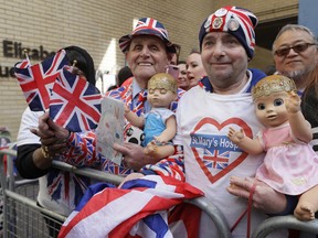 Royal fans opposite the Lindo wing at St Mary's Hospital in London London, Monday, April 23, 2018.