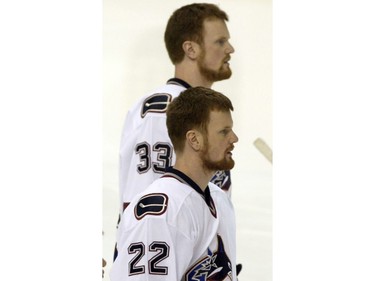 April 21, 2007: Canucks twins  line up during the singing of O Canada during the Dallas Stars vs Vancouver Canucks First Round Playoff Hockey game at the American Airlines Center in Dallas.