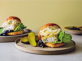 Citrusy mayonnaise and piquant blueberry relish make Chef Ned Bell¹s Halibut Burgers a taste sensation.