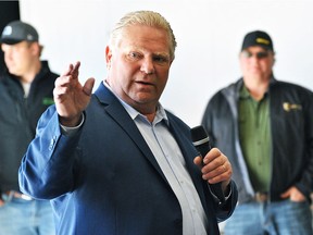 Ontario Progressive Conservative leader Doug Ford speaks to a crowd in Blenheim, Ont., on April 20, 2018.