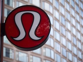 Lululemon Athletica's logo is seen on the outside of their new flagship store on Robson Street during it's grand opening in downtown Vancouver, B.C., on Thursday August 21, 2014.