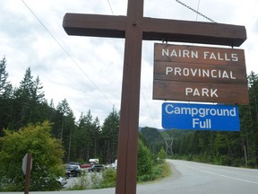 Campground Full sign posted at Nairn Falls Provincial Park south of Pemberton.