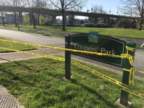 Vancouver police officers are investigating the city's 8th homicide of 2018 at Coopers' Park in Vancouver. Photo: Mike Bell/Postmedia [PNG Merlin Archive]