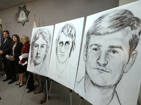 FILE - In this June 15, 2016, file photo, law enforcement drawings of a suspected serial killer believed to have committed at least 12 murders across California in the 1970's and 1980's are displayed at a news conference about the investigation, in Sacramento, Calif. The Sacramento County District Attorney's Office plans to make a 'major announcement" Wednesday, April 25, 2018, in the case of the elusive serial killer.