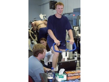 Sept. 12, 2002: Daniel Sedin gets ready to do a full out sprint test at Burnaby's 8 rinks before heading to Kamloops for training camp.