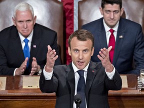 French President Emmanuel Macron speaks to a joint meeting of Congress at the U.S. Capitol in Washington on April 25, 2018.
