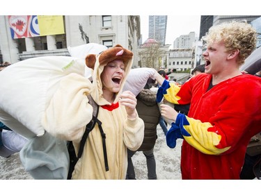 Fans of International Pillow Fight Day joined in a pillow fight at 3 p.m. at the Robson street plaza near the Vancouver Art Gallery on April 07 2018.