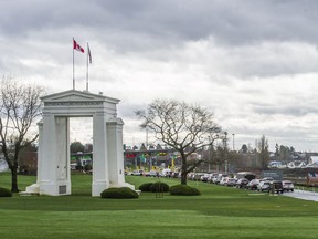 Traffic lines up to enter the United States at the Peace Arch border crossing in South Surrey, B.C. T