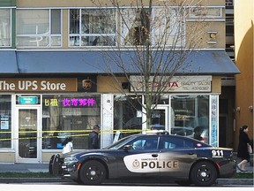 Vancouver Police on scene at the 2200 block of Kingsway Ave, near Nanaimo St. after a man was killed following a fight in the early hours of the morning, in Vancouver, BC., April 22, 2018. The two men knew each other.