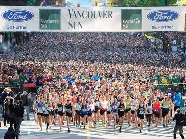 The start of the 2018 Vancouver Sun Run on W. Georgia St. in Vancouver, BC., April 22, 2018.