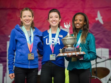 Top three women's finishers, from left, Rachel Cliff (3rd),  Emma Bates (2nd) and Monicah Ngige (1st).