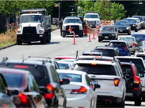 Prepare for construction-related traffic this summer in Vancouver. In this photo from June 2017, roadwork slows traffic on Grandview Highway.