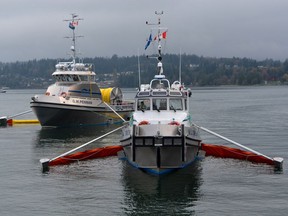 Oil skimming vessels practice in Burrard Inlet.