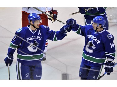 NOVEMBER 29, 2011 - Vancouver Canucks Daniel Sedin(L) celebrates his goal with teamate Alex Burrows(R) in the first period of  NHL action at Rogers Arena