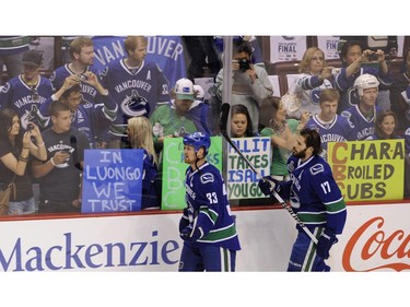 June 15, 2011 Vancouver  Canucks Henrik Sedin and Ryan Kesler get set to battle against the Boston Bruins  in game 7 of the Stanley Cup in Rogers Arena.