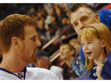 PFEB.02,2009: Canucks Superskills hosted by the Vancouver Canucks in partnership with McDonald's. This  team competition featured Canucks players going head-to-head in six individual on-ice events. Five-year-old Kate Sandersons gets to meet Daniel.
