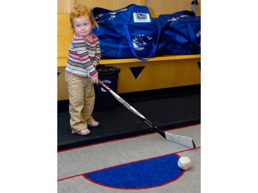 Apr. 6, 2008: A way too cute little Sedin. Two-year-old Ronja Sedin practised a shot while her dad Daniel speaks to the media. Vancouver Canuck players speak to the media and clear out their lockers at GM Place on Sunday afternoon after the team failed to make the 2008 NHL playoffs.