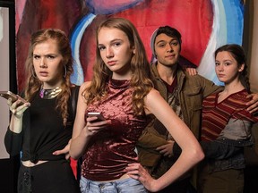 Laurel Trueman, Sian Kilpatrick, Christopher Rahim, and Elodie Doumenc appear in The Release Party at the Roundhouse, May 2-5. [PNG Merlin Archive]
