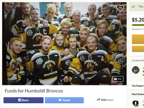 A screengrab of the main page of the GoFundMe campaign for the Humboldt Broncos. The team's board of directors received advice from a committee of "prominent Canadians" on how to administer more than $15 million raised to help the team.