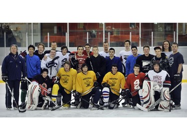 DECEMBER 13, 2012 - Hockey stars Henrik and Daniel Sedin who would normally be on the ice with the Vancouver Canucks this time of year instead surprised and delighted players of the Vancouver Thunderbirds midget hockey team when they joined the young players for practice at the Hillcrest Arena. See if you can spot them. (hint, they are in the back row).