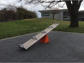 VANCOUVER, B.C.: APRIL 5, 2018 – The City of Vancouver has unveiled its latest piece of interactive public art, entitled SeeSawSeat, a combination bench and teeter-totter located in Vancouver's Sunset Park. The bench was unveiled on April 4, 2018. [PNG Merlin Archive]