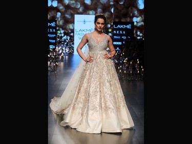 Bollywood actress Kanagana Ranaut walks the ramp for leading Indian designers Shyamal & Bhumika at Lakme Fashion Week in India.