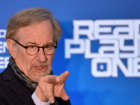 Steven Spielberg gestures as he poses during a photocall ahead of the premiere of his last movie 'Ready Player One' on March 21, 2018 in Rome. (ALBERTO PIZZOLI/AFP/Getty Images)