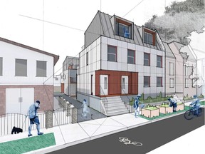 Haeccity Studio Architecture concept of a gentle densification apartment block, designed to fit without clashing in area of single-family-house zoning. The building shown includes seven units, three one-bedroom units of 525 sq. ft. each, three two-bedroom units of 740-to-870 sq. ft and a three-bedroom unit of 1350 sq.ft.