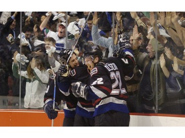 April 11, 2007: Vancouver Canucks  fans and  players go wild after winning on Henrik Sedin's overtime win, 5-4, against the  Dallas Stars. First game of the 2007 Playoffs at GM Place.