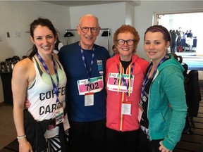 Chatting about their Sun Run experiences over a post-run breakfast are, from the left, Katherine Petrunia, Dr. Doug & Diane Clement —founders of The Vancouver Sun Run —and Janette Shearer.