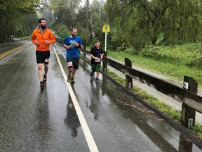 Jeremy Spurgeon, left, Don McGregor and Carter McGregor competed in Sunday's MEC Langley TransCanada Trail Run. The trio took part in the 5K race and finished in a respectable time of 35:53. Other events included the marathon and 10K.